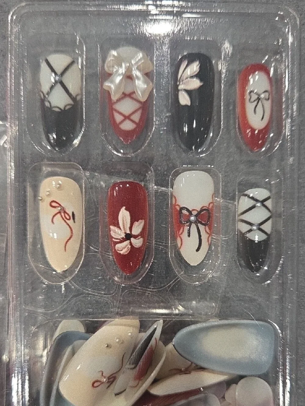 30pcs Y2k Bow Handmade Black Red Press on Nails Medium Almond